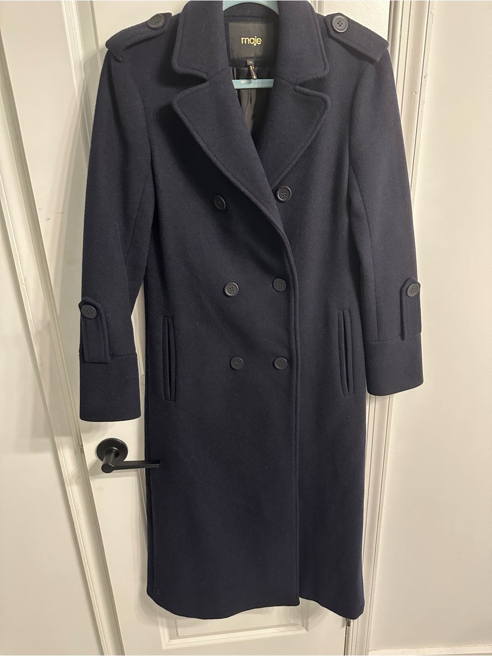 Maje Navy Double-Breasted Wool Pea Coat with Epaulettes